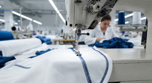 Close-up of athletic fabric being stitched by a precision machine