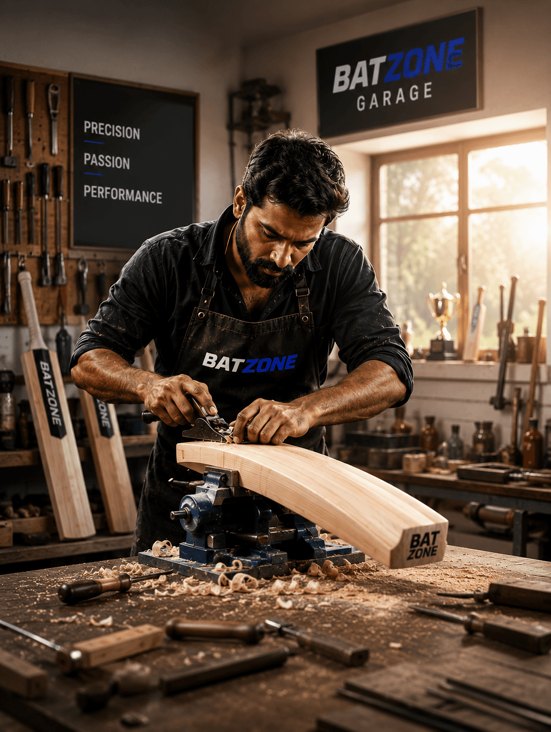 A master bat maker shaping the back profile of a premium Grade 1 English willow cricket bat in a sunlit garage workshop.