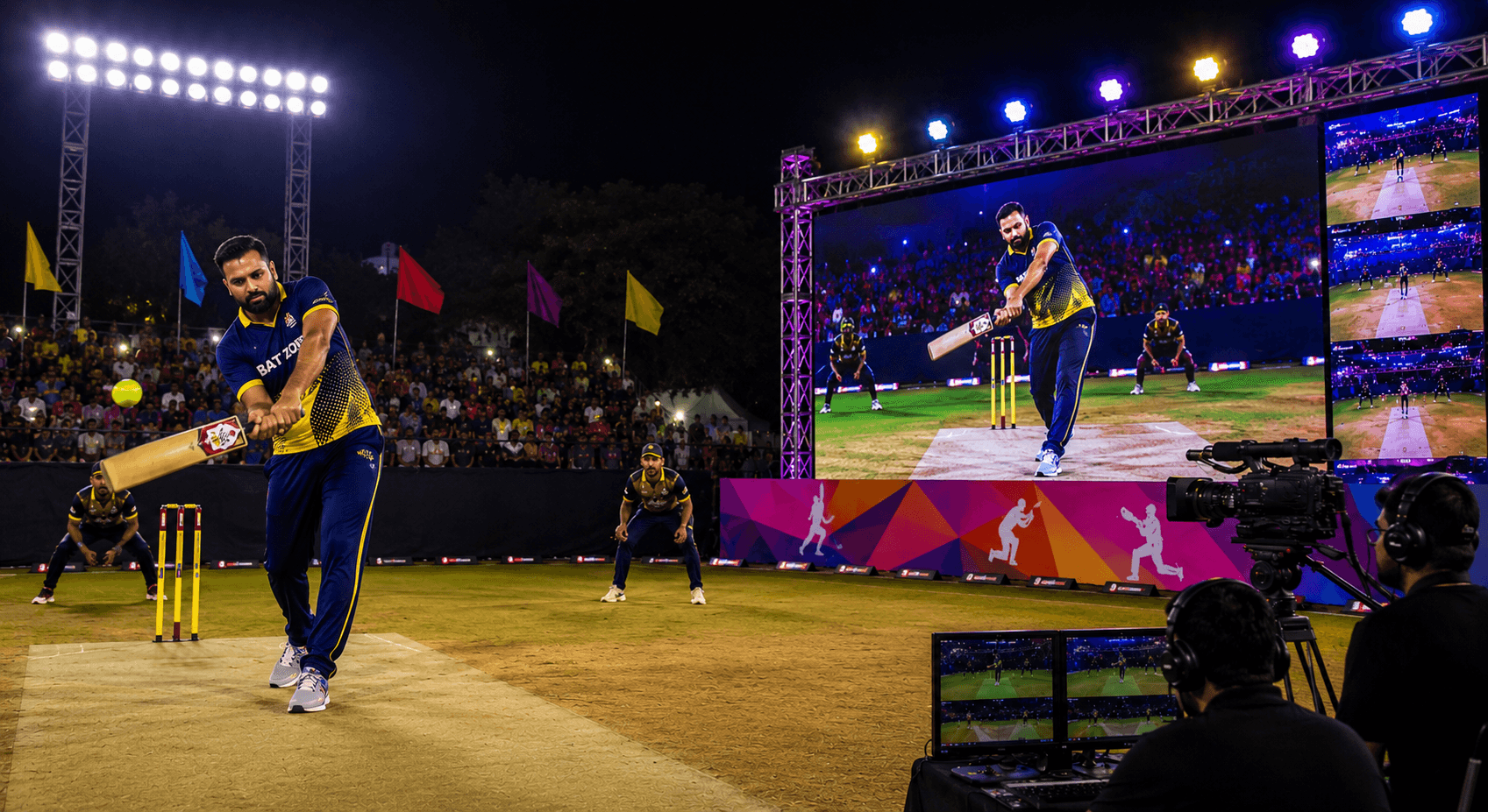 High-definition LED wall at a cricket stadium showing live scores